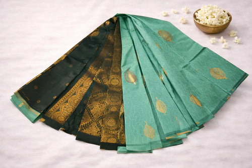 Elegant Teal Green Silk Saree with Gold Leaf Motif & Zari Border
