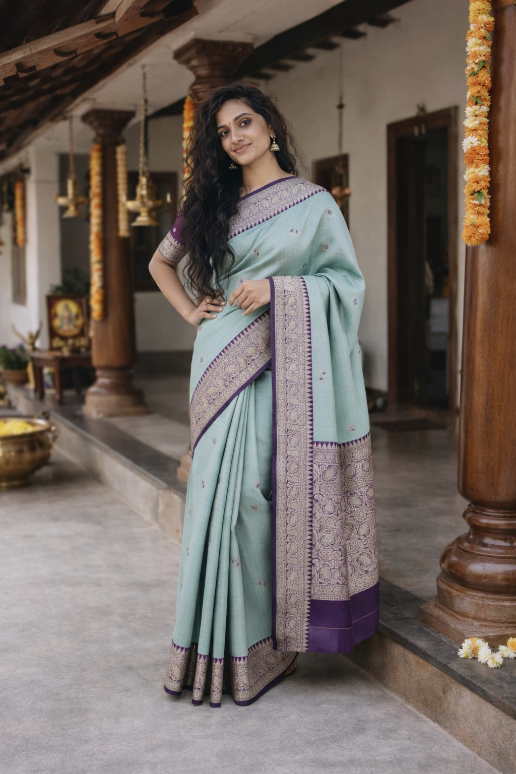 Elegant Sky Blue Silk Saree with Royal Purple Zari Border & Traditional Motifs
