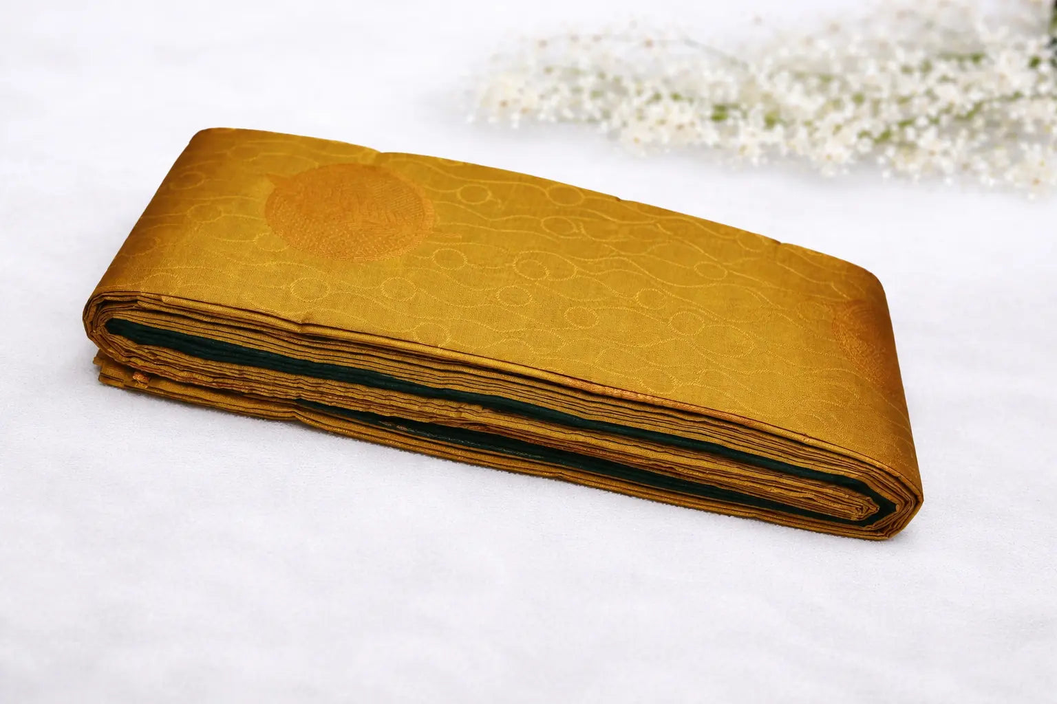 Mustard Gold Silk Saree with Contrast Green Border & Subtle Woven Motifs