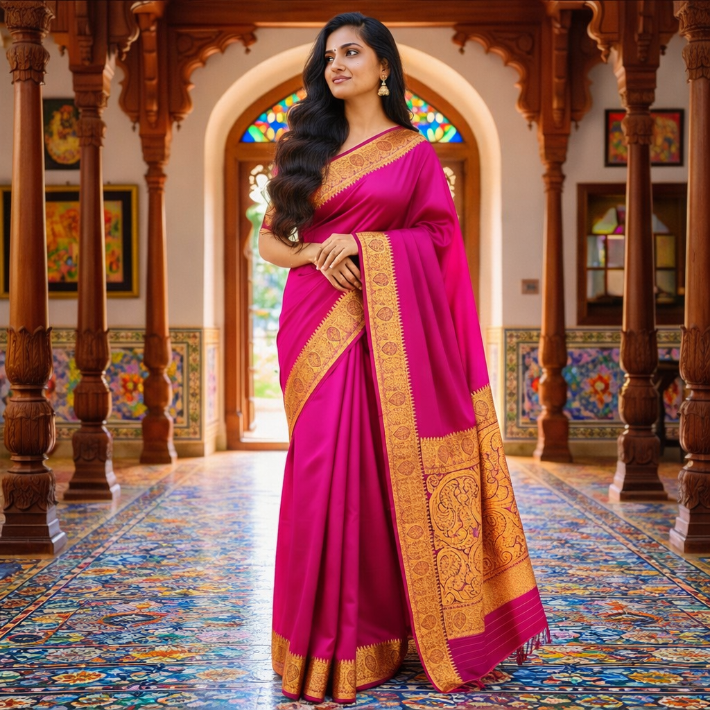 Magenta Silk Saree with Gold Zari Border
