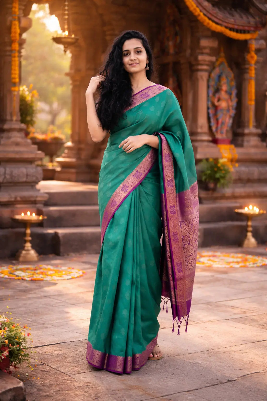 Regal Peacock Green Silk Saree with Royal Purple Zari Border
