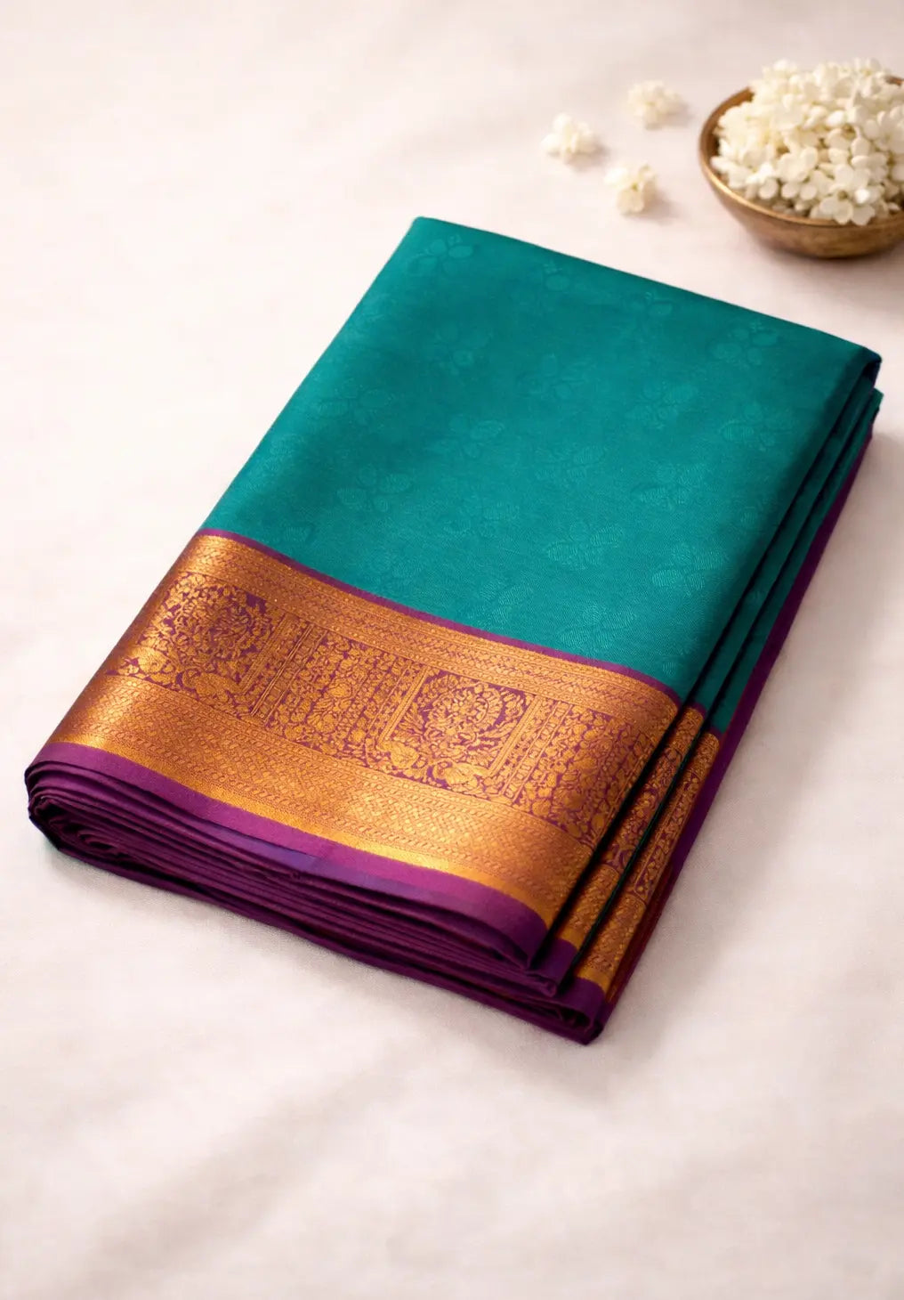 Regal Peacock Green Silk Saree with Royal Purple Zari Border
