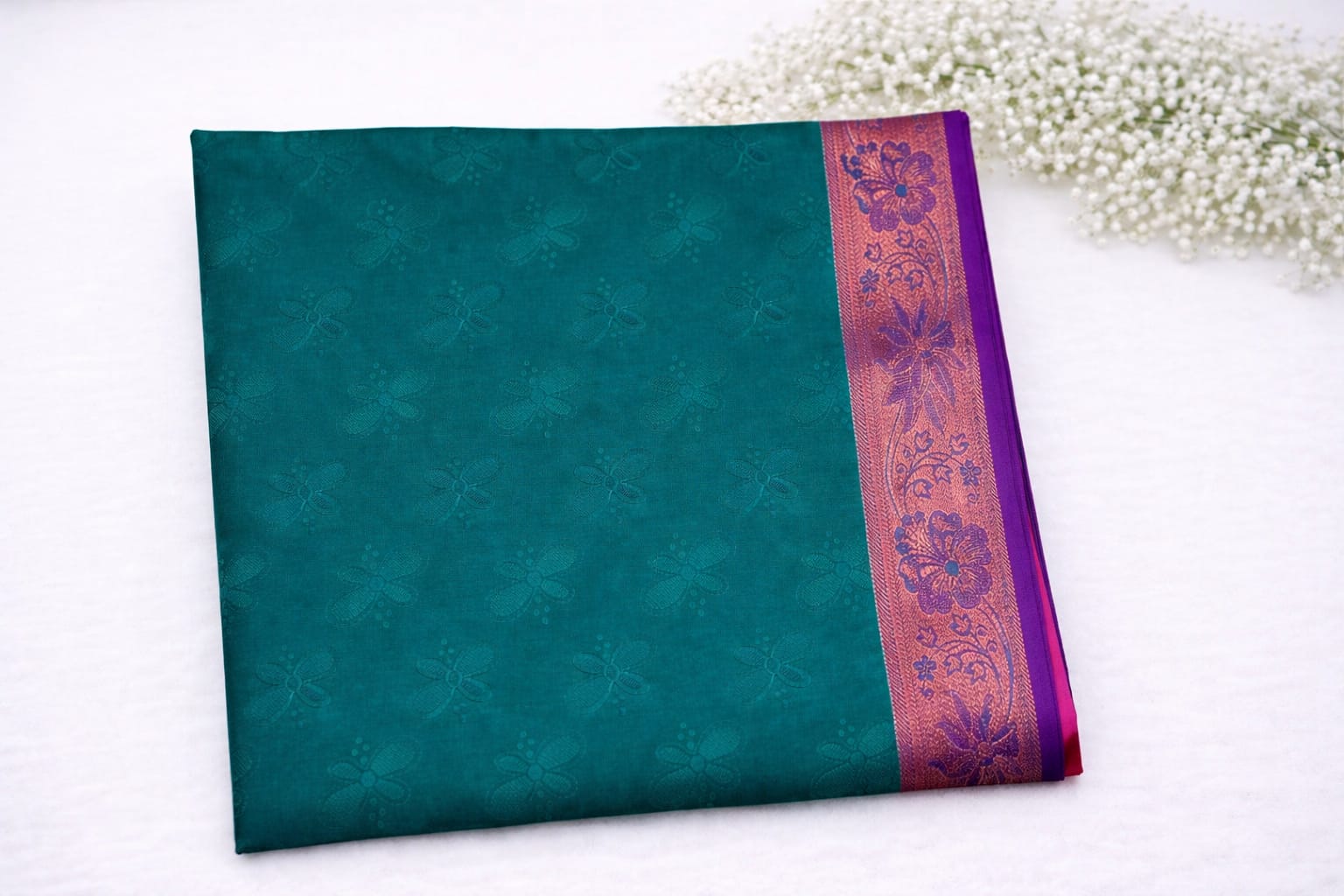 Regal Peacock Green Silk Saree with Royal Purple Zari Border