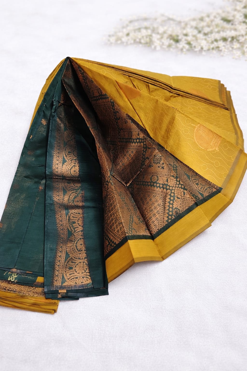 Mustard Gold Silk Saree with Contrast Green Border & Subtle Woven Motifs